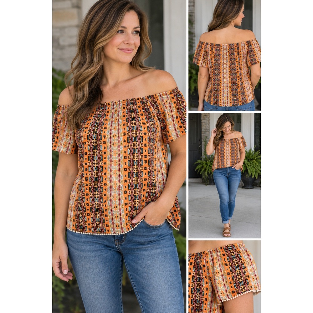 Xhilaration Boho Geometric Print Off-Shoulder Top Orange Tribal Pattern Blouse